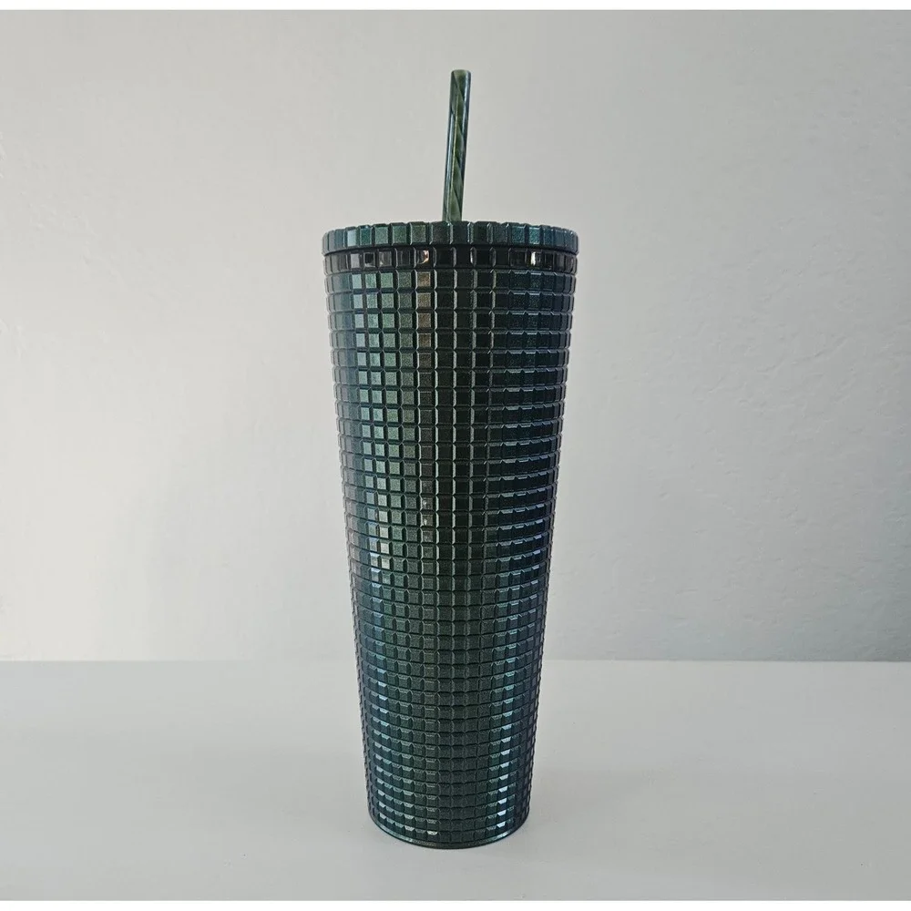 Starbucks Cold Cup Tumbler 24 Oz Dark Green Metallic Grid Holiday 2021